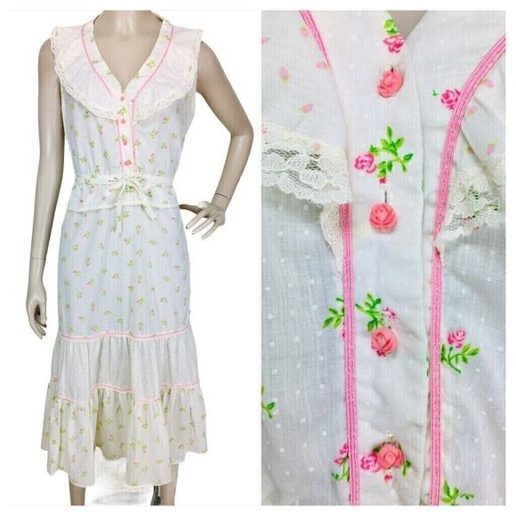 Vintage 70s White Swiss Dot Calico Floral Rose Button-Down Tiered Prairie Dress - Picture 1 of 9